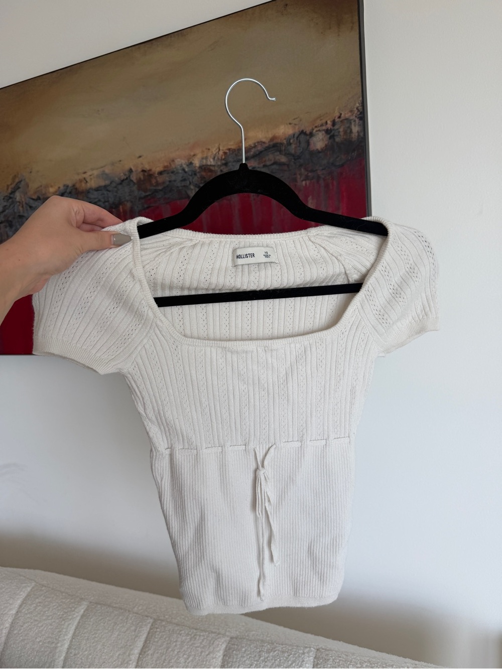 Hollister Cream Ribbed Scoop-Neck Drawstring Waist Top